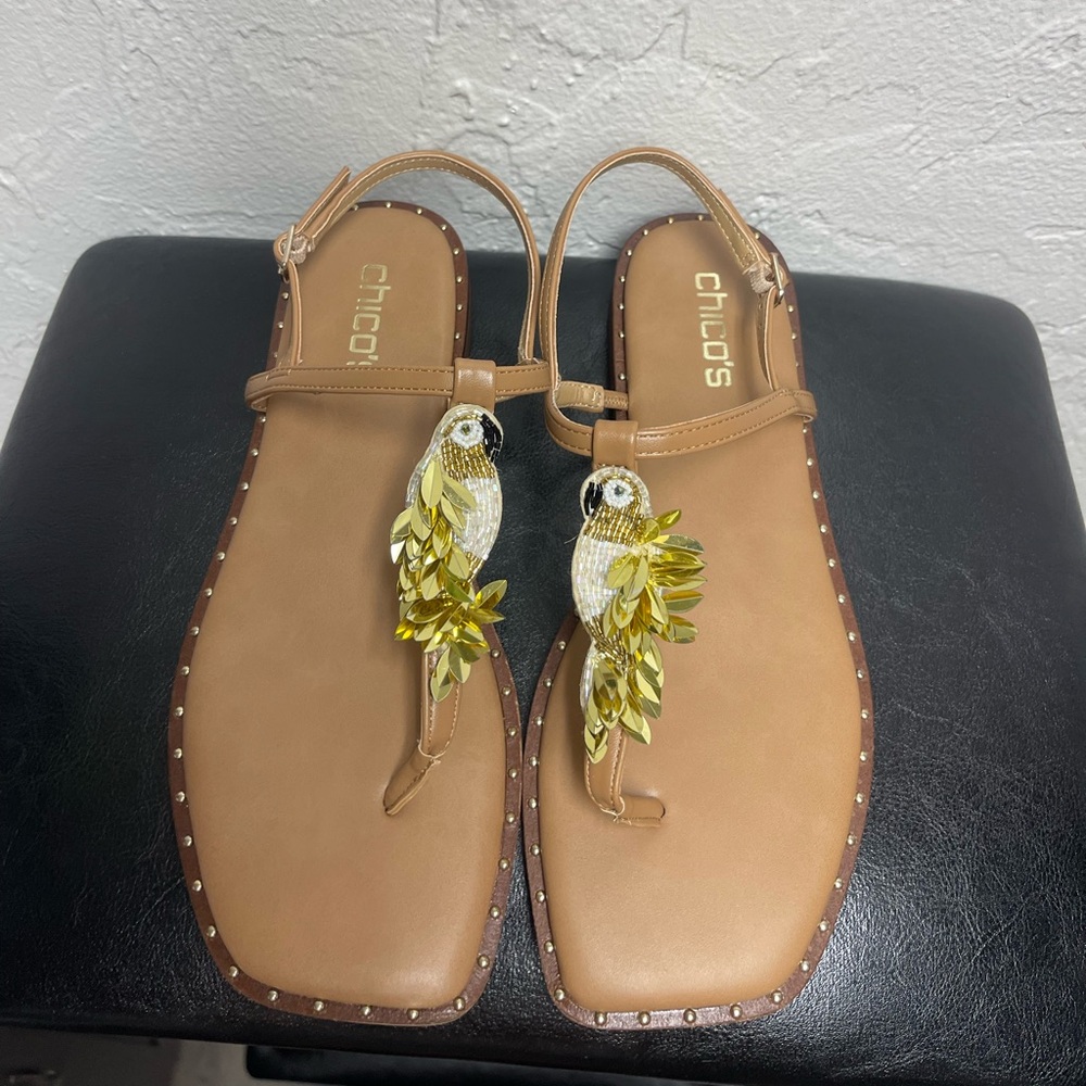 Chico's Tan Leather Thong Sandals with Gold Parrot Accent